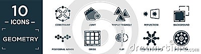 filled geometry icon set. contain flat constraint, joint, triple triangle, reflection, background, polygonal wings, grids, flip, Vector Illustration