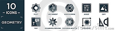 filled geometry icon set. contain flat fillet, line segment, dodecahedron, adjust, copy, text, ornamental rotating polygonal, Vector Illustration