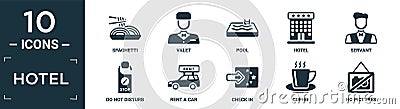 filled hotel icon set. contain flat spaghetti, valet, pool, hotel, servant, do not disturb, rent a car, check in, coffee, no Vector Illustration