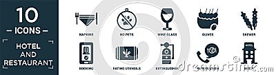 filled hotel and restaurant icon set. contain flat napkins, no pets, wine glass, olives, skewer, booking, eating utensils, Vector Illustration