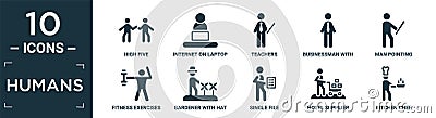 filled humans icon set. contain flat high five, internet on laptop computer, teachers, businessman with tie, man pointing, fitness Vector Illustration