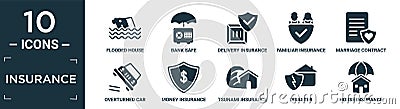 filled insurance icon set. contain flat flooded house, bank safe, delivery insurance, familiar insurance, marriage contract, Vector Illustration