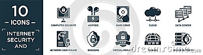 filled internet security and icon set. contain flat computer security, airpods, hard drive, cloud, data center, network Vector Illustration