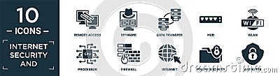 filled internet security and icon set. contain flat remote access, spyware, data transfer, hub, wlan, processor, firewall, Vector Illustration