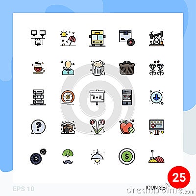 Filled line Flat Color Pack of 25 Universal Symbols of pollution, logistic, travel, delivery, add Vector Illustration