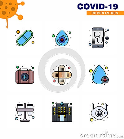 9 Filled Line Flat Color Set of corona virus epidemic icons. such as bandage, case, healthcare, medical, emergency Vector Illustration