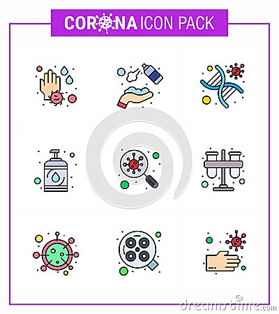 9 Filled Line Flat Color viral Virus corona icon pack such as sanitizer, disease, washing, virus, strand Vector Illustration