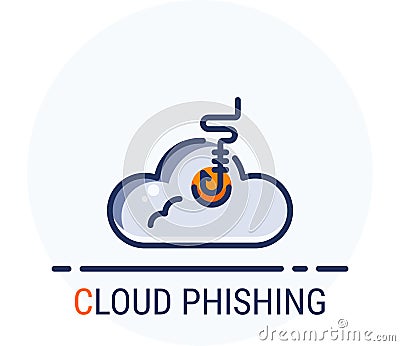 Filled Line Icons Style. Hacker Cyber crime attack Cloud Phishing for web design, ui, ux, mobile web, ads, magazine, book, poster Vector Illustration