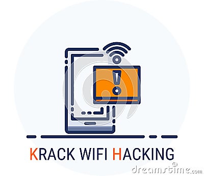 Filled Line Icons Style. Hacker Cyber crime attack KRACK Wifi Hacking for web design, ui, ux, mobile web, ads, magazine, book, Vector Illustration
