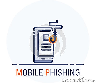 Filled Line Icons Style. Hacker Cyber crime attack Mobile Phishing for web design, ui, ux, mobile web, ads, magazine, book, poster Vector Illustration