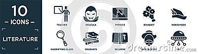 filled literature icon set. contain flat teacher, dracula, physics, bouquet, robin hood, magnifying glass, graduate, religion, don Vector Illustration