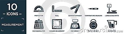 filled measurement icon set. contain flat protactor, null, carpenter ruler, temperature measure, large scale with suitcase, old Vector Illustration