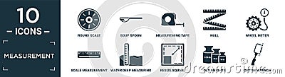 filled measurement icon set. contain flat round scale, soup spoon, measureming tape, null, wheel meter, scale measurement, water Vector Illustration