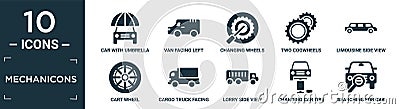 filled mechanicons icon set. contain flat car with umbrella, van facing left, changing wheels tool, two cogwheels, limousine side Vector Illustration
