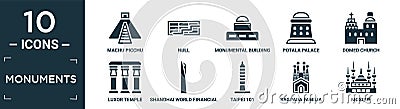 filled monuments icon set. contain flat machu picchu, null, monumental building, potala palace, domed church, luxor temple, Vector Illustration