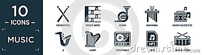 filled music icon set. contain flat drumstick, music note, horn, marimba, radio cassette, s, harp, turntable, mp3, snare drum Vector Illustration