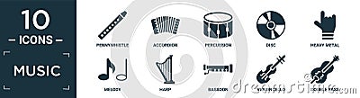 filled music icon set. contain flat pennywhistle, accordion, percussion, disc, heavy metal, melody, harp, bassoon, violoncello, Vector Illustration
