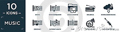 filled music icon set. contain flat segno, demisemiquaver, image archive, melodica, downloaded music cloud, crotchet, sixteenth Vector Illustration