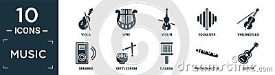 filled music icon set. contain flat viola, lyre, violin, equalizer, violoncello, speaker, kettledrum, cabasa, pennywhistle, guitar Vector Illustration