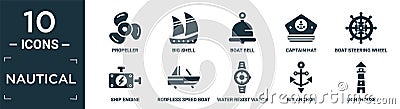 filled nautical icon set. contain flat propeller, big shell, boat bell, captain hat, boat steering wheel, ship engine, roofless Vector Illustration
