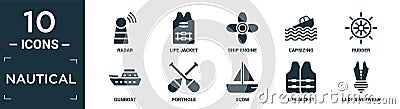 filled nautical icon set. contain flat radar, life jacket, ship engine, capsizing, rudder, gunboat, porthole, scow, lifejacket, Vector Illustration