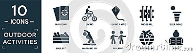 filled outdoor activities icon set. contain flat mahjong, biking, flying a kite, foosball, beer pong, ball pit, warming up, Vector Illustration