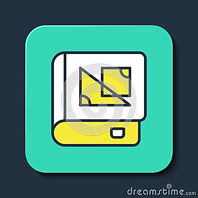 Filled outline Book about geometry icon isolated on blue background. Turquoise square button. Vector Vector Illustration