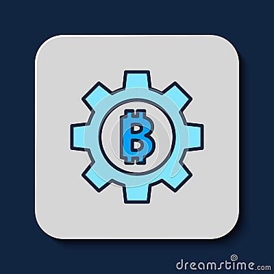Filled outline Cryptocurrency coin Bitcoin icon isolated on blue background. Gear and Bitcoin setting. Blockchain based Stock Photo