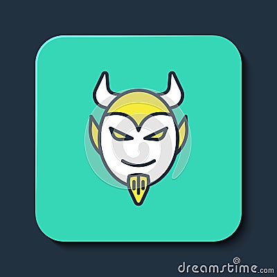 Filled outline Devil head icon isolated on blue background. Happy Halloween party. Turquoise square button. Vector Vector Illustration