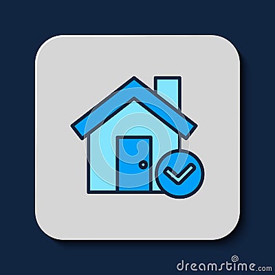 Filled outline House with check mark icon isolated on blue background. Real estate agency or cottage town elite class Vector Illustration