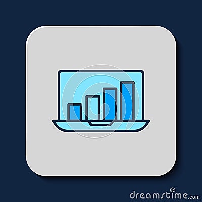 Filled outline Laptop with graph chart icon isolated on blue background. Report text file icon. Accounting sign. Audit Vector Illustration