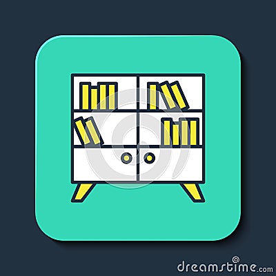 Filled outline Library bookshelf icon isolated on blue background. Turquoise square button. Vector Vector Illustration