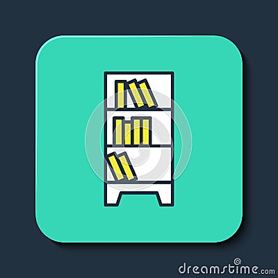 Filled outline Library bookshelf icon isolated on blue background. Turquoise square button. Vector Stock Photo