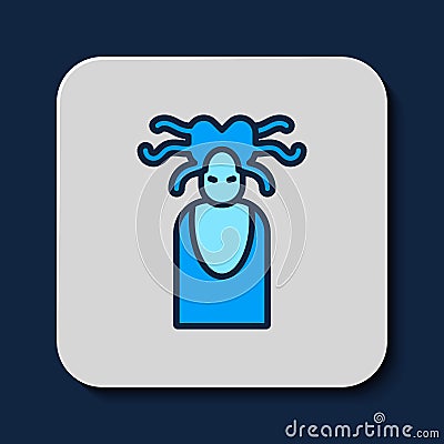 Filled outline Medusa Gorgon head with snakes greek icon isolated on blue background. Vector Stock Photo