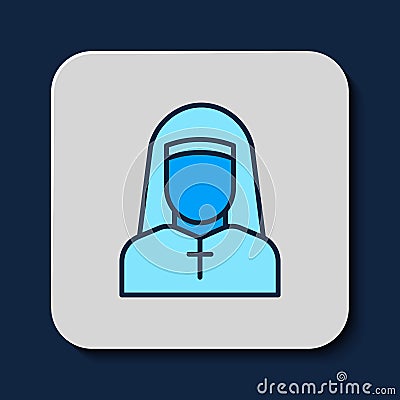 Filled outline Nun icon isolated on blue background. Sister of mercy. Vector Vector Illustration
