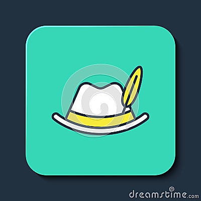 Filled outline Oktoberfest hat icon isolated on blue background. Hunter hat with feather. German hat. Turquoise square Vector Illustration