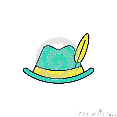 Filled outline Oktoberfest hat icon isolated on white background. Hunter hat with feather. German hat. Vector Stock Photo