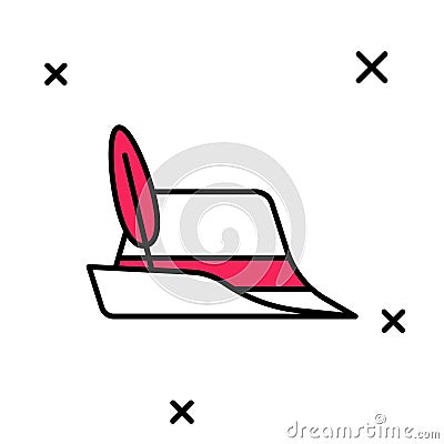 Filled outline Oktoberfest hat icon isolated on white background. Hunter hat with feather. German hat. Vector Stock Photo