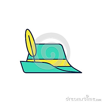 Filled outline Oktoberfest hat icon isolated on white background. Hunter hat with feather. German hat. Vector Vector Illustration