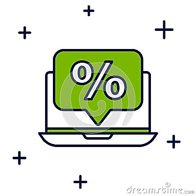 Filled outline Percent discount and laptop icon isolated on white background. Sale percentage - price label, tag. Vector Vector Illustration