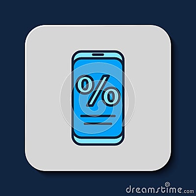 Filled outline Percent discount and mobile phone icon isolated on blue background. Sale percentage - price label, tag Vector Illustration