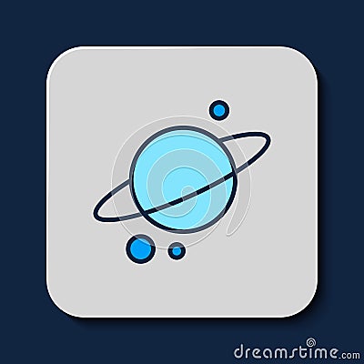 Filled outline Planet Saturn with planetary ring system icon isolated on blue background. Vector Stock Photo