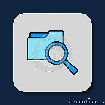 Filled outline Search concept with folder icon isolated on blue background. Magnifying glass and document. Data and Stock Photo