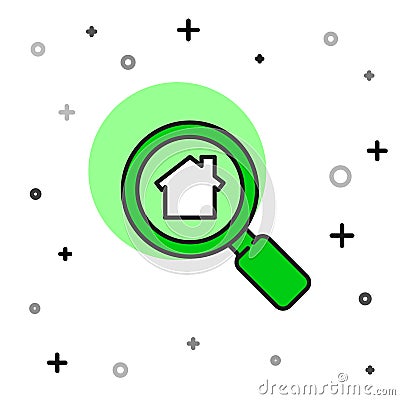 Filled outline Search house icon isolated on white background. Real estate symbol of a house under magnifying glass Stock Photo