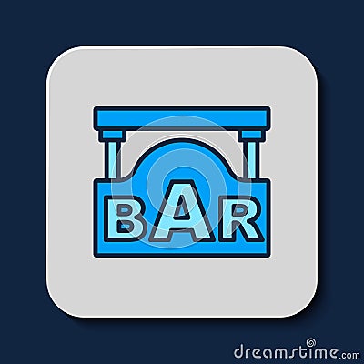 Filled outline Street signboard with inscription Bar icon isolated on blue background. Suitable for advertisements bar Vector Illustration