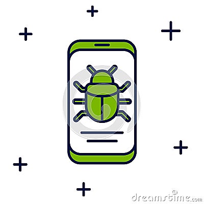 Filled outline System bug on mobile icon isolated on white background. Code bug concept. Bug in the system. Bug Vector Illustration