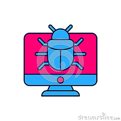 Filled outline System bug on monitor icon isolated on white background. Code bug concept. Bug in the system. Bug Vector Illustration