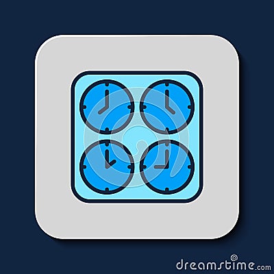 Filled outline Time zone clocks icon isolated on blue background. Vector Vector Illustration