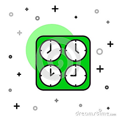 Filled outline Time zone clocks icon isolated on white background. Vector Vector Illustration