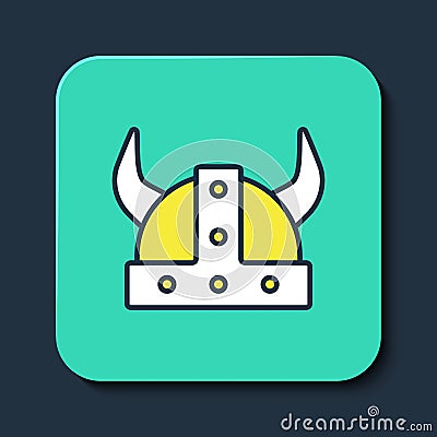 Filled outline Viking in horned helmet icon isolated on blue background. Turquoise square button. Vector Vector Illustration